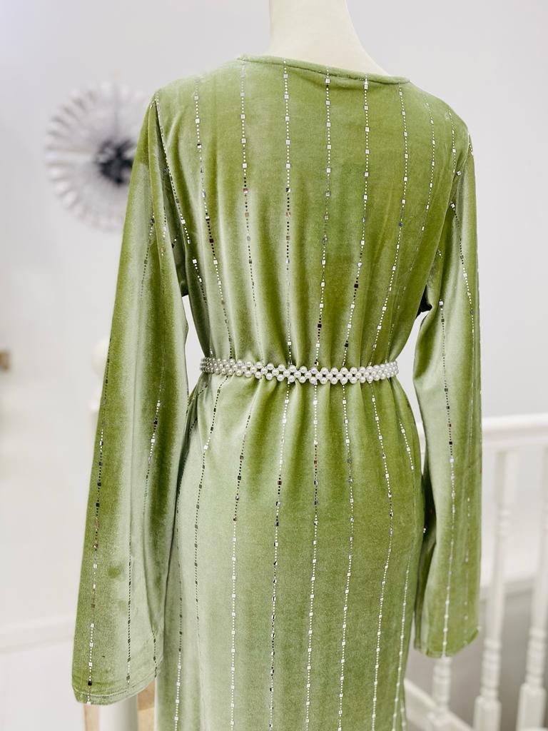 green emerald velvet dress OLIVE GREEN MESH VELVET SLIT HIP-HUGGING DRESS – Bella Galvan main image 1