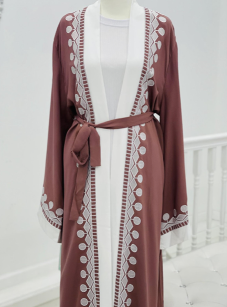 Abaya Coral Pink Embroidery White