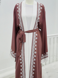 Abaya Coral Pink Embroidery White