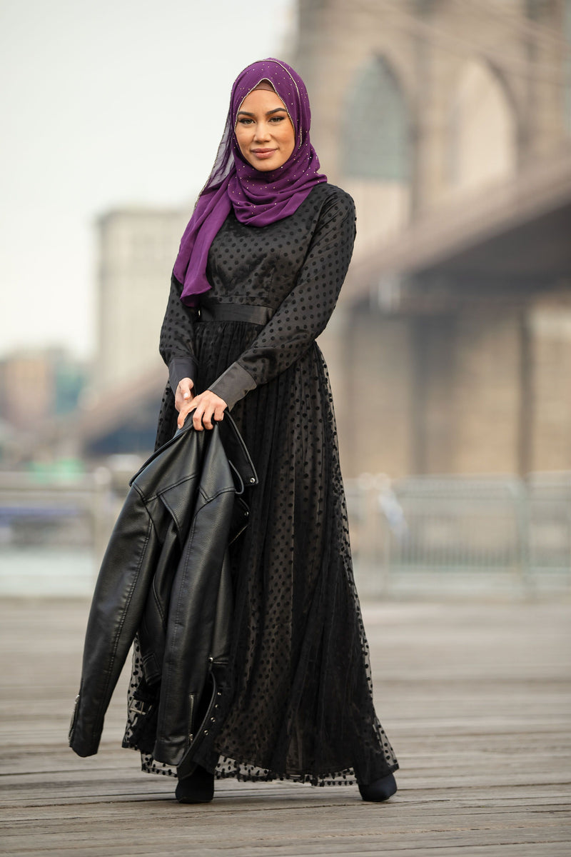 Black Mesh Polka Dot Long Sleeve Maxi Dress