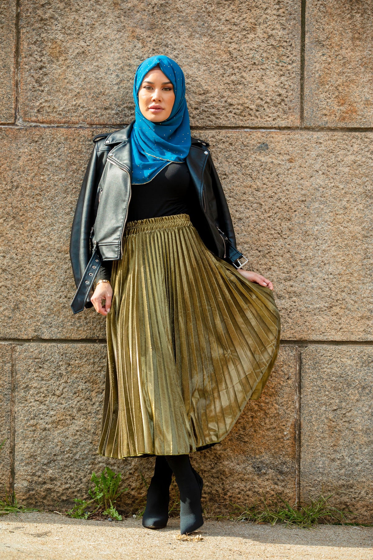 Gold Metallic Pleated Chiffon Maxi Skirt