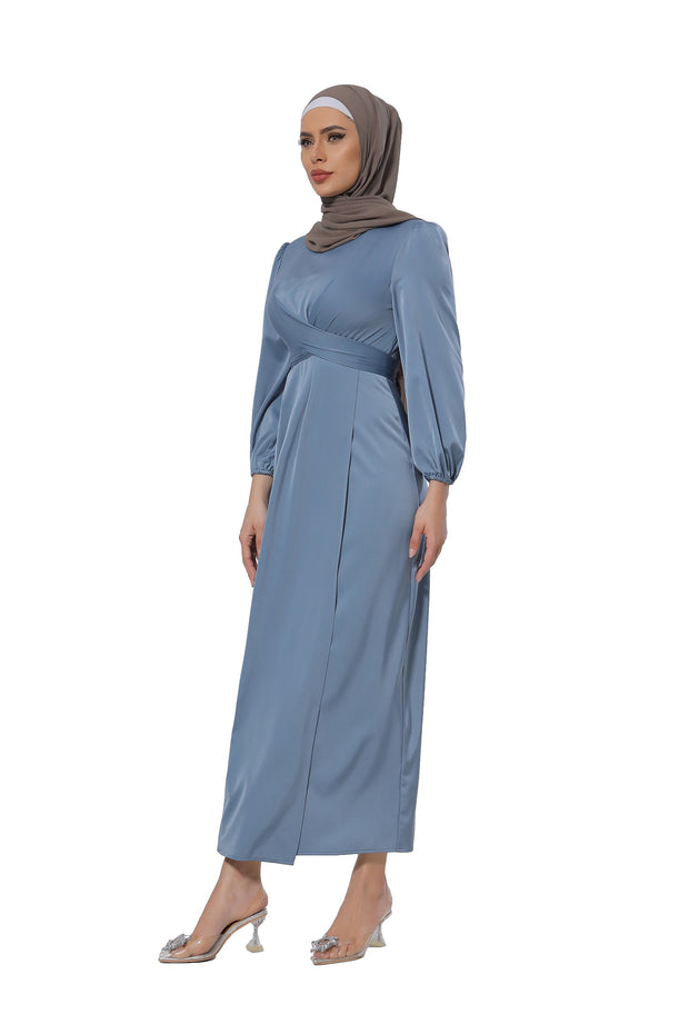 Blue Criss Cross Satin Faux Wrap Maxi Dress