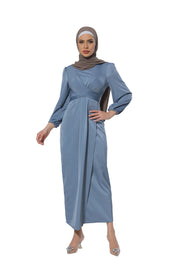 Blue Criss Cross Satin Faux Wrap Maxi Dress