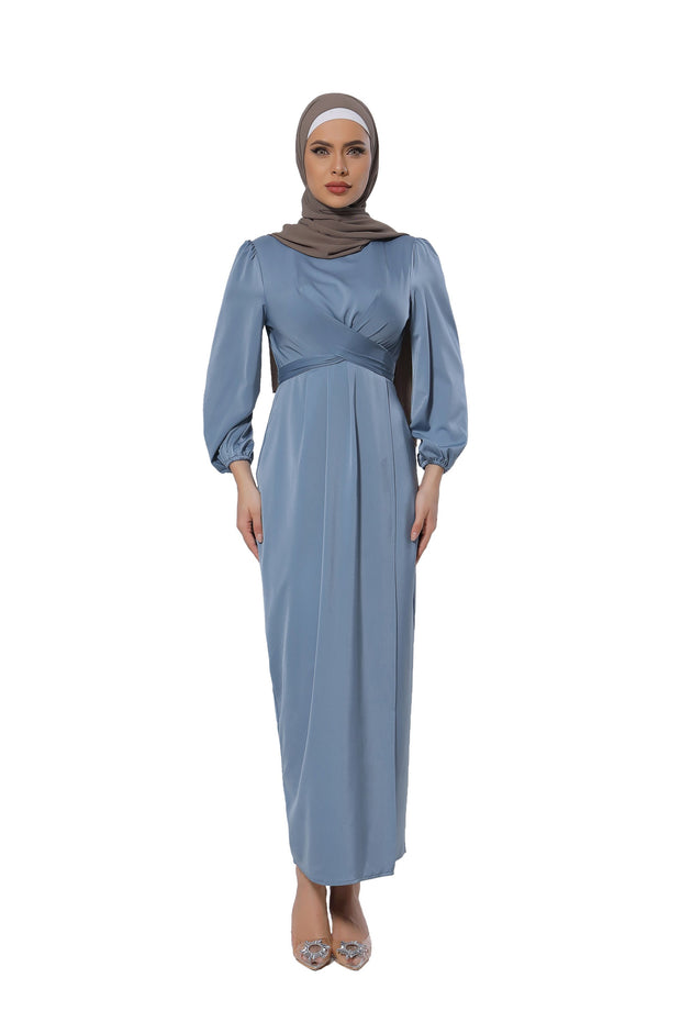 Blue Criss Cross Satin Faux Wrap Maxi Dress