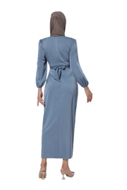 Blue Criss Cross Satin Faux Wrap Maxi Dress