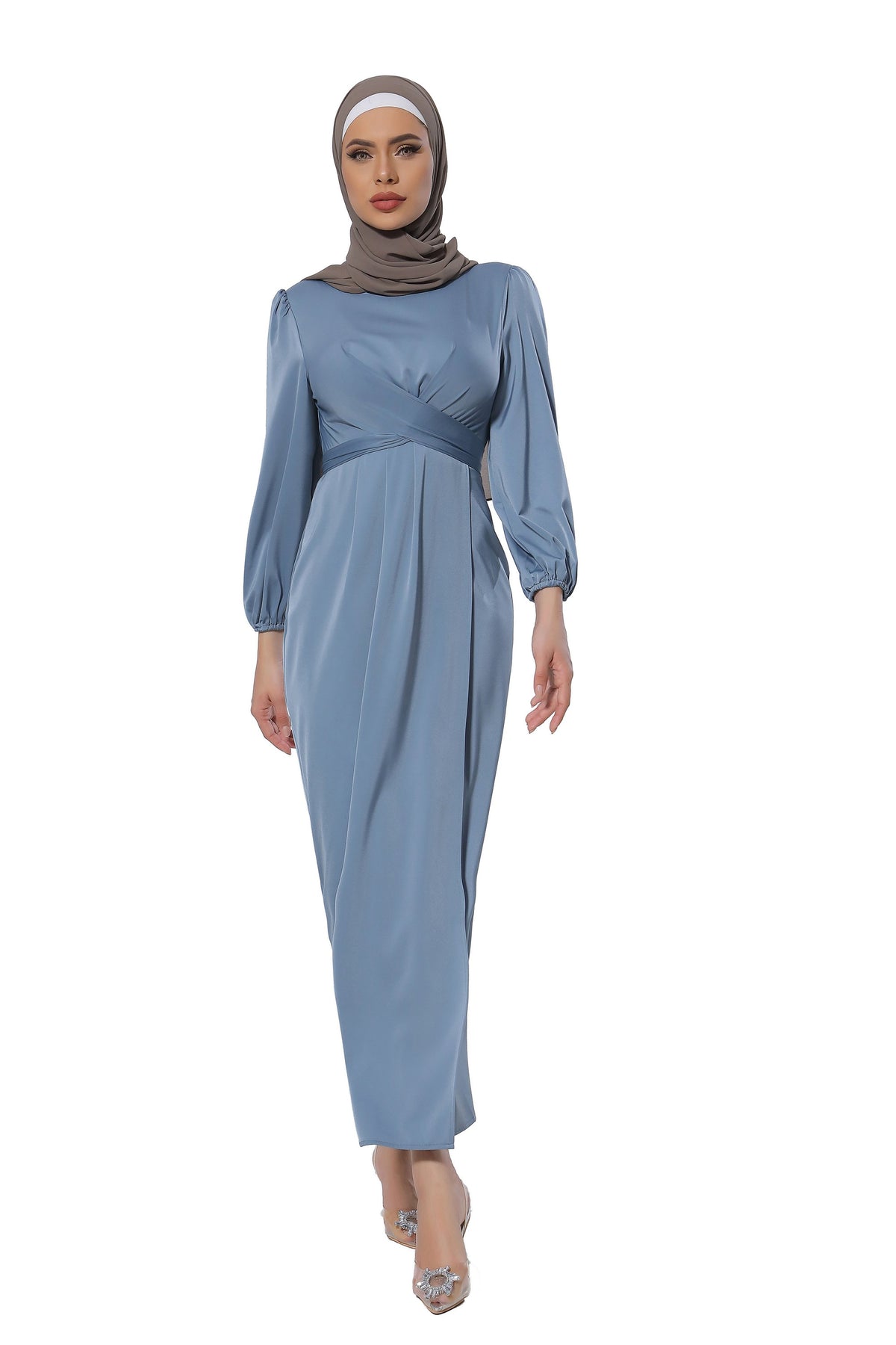 Blue Criss Cross Satin Faux Wrap Maxi Dress Precious Noor Blue Criss Cross Satin Faux Wrap Maxi Dress Precious Noor