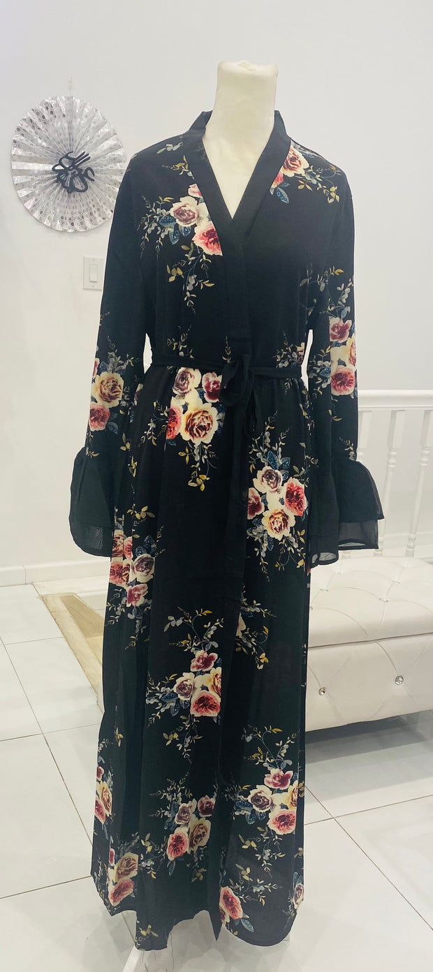 Black O/F Floral Print Abaya