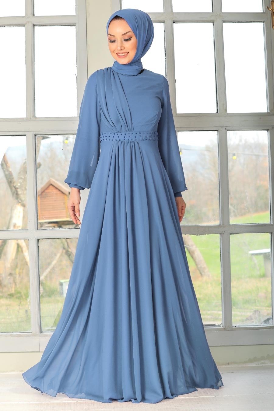 Pearl Chiffon Long Sleeve Maxi Dress